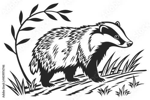 40 Black and white illustration, European badger, detailed fur texture, sharp contrast, side profile, stylized wildlife art, minimalist background, woodcut style, bold lines, graphic design, nature-in