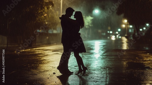 A romantic couple dancing close together in the rain at night.