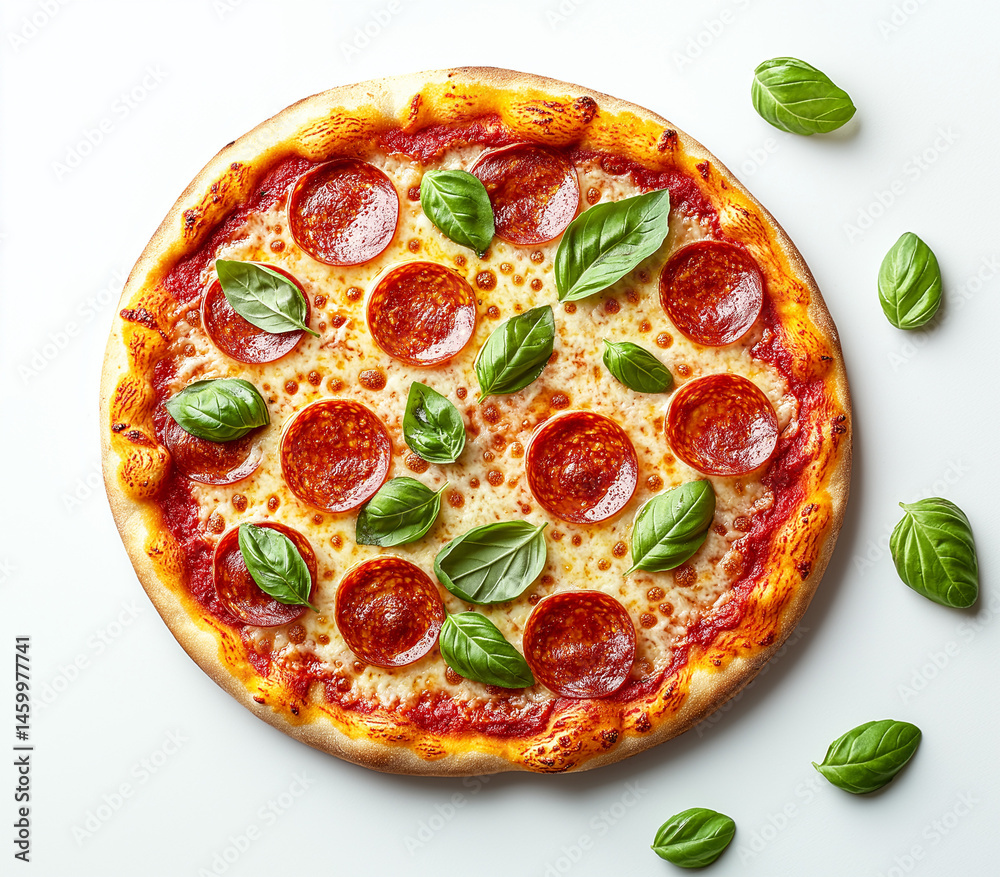 Pepperoni pizza with basil leaves. on a white background. Pepperoni pizza with basil leaves. on a white background.