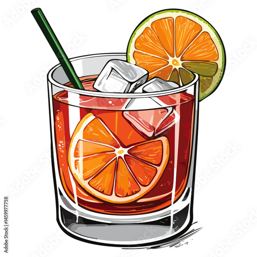 Negroni cocktail in a glass vector color illustration in sketch style. Alcoholic summer drink with ice drawing for bar and menu. Shaded image of beverage on isolated background.