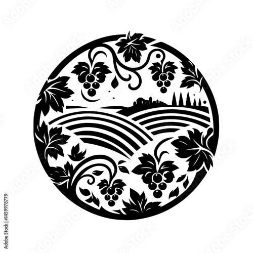 Circular Winery Logo: Grapes, Vineyard, Landscape, & Black Silhouette