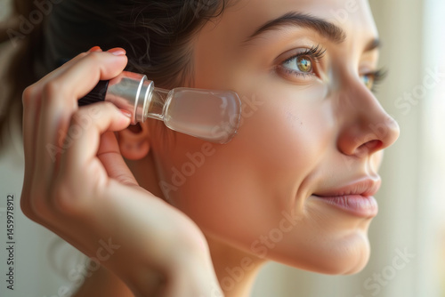 Facial serum application. Close-up profile of young woman applying transparent serum to her face with glass dropper bottle in soft natural light.