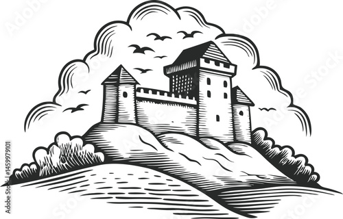 Engraving design of a medieval castle on a hill with cloudy sky and birds flying, vintage etching with fine architectural detail

