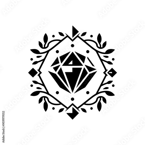Geometric Diamond Icon with Floral Wreath, Minimalist Design