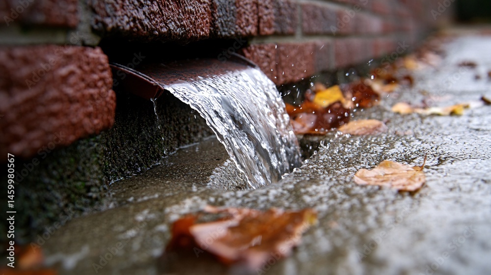Fototapeta premium Extreme Close-Up Focus on Water Flowing Through Unclogged Downspout