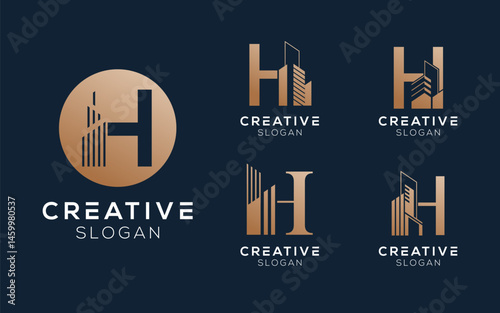Set bundling letter H with building or architect logo design in luxury colors