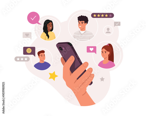 Vector illustration of online communication. Cartoon scene hand holding smartphone, chatting in messengers with friends, social networks, hearts, smiley, stars, isolated on white background.