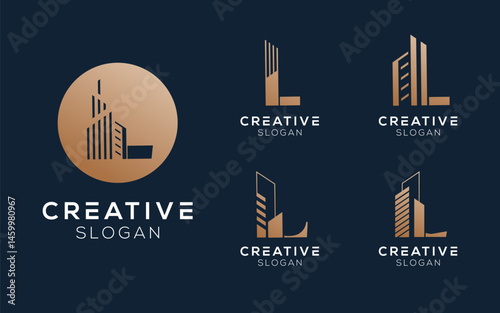 Set bundling letter L with building or architect logo design in luxury colors