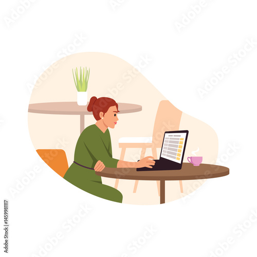 Vector illustration of a girl sitting and working in a cafe.Cartoon scene of a freelancer girl in an olive dress with a belt,a bun hairstyle,sitting at a table,working on a laptop,and a cup of coffee.