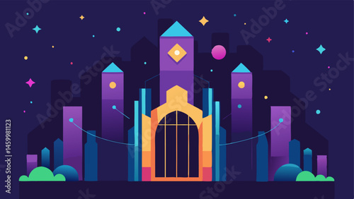Future of Computing A futuristic cityscape made of qubits and gates glowing in different colors surrounded by stars representing the limitless possibilities and advancements of
