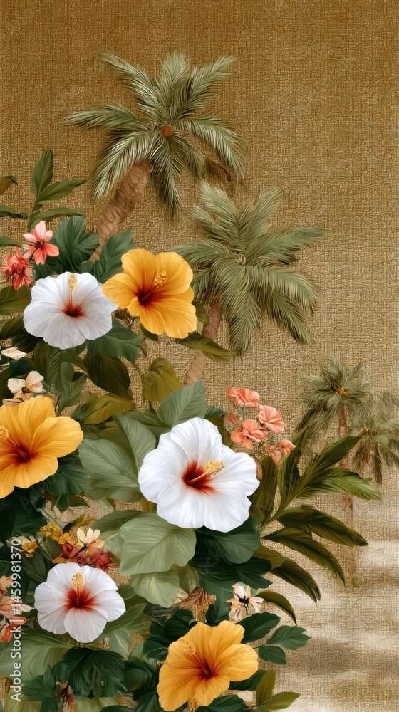 Obraz premium Tropical floral design with hibiscus flowers and palm trees in vibrant yellow and white hues