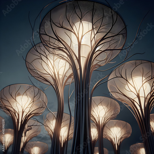 Futuristic metallic trees illuminating urban night with soft light