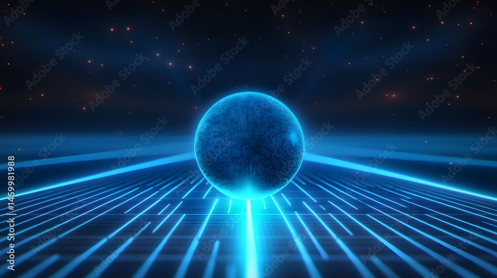 Obraz premium A data storage and transfer system that moves information across various locations. Data and information in the online world or internet system. Ball on a glowing blue line.
