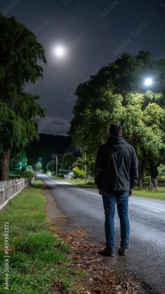 Obraz premium Man Stands on Rural Road Observing Moonlit Sky and Landscape at Night, Calm Perspective