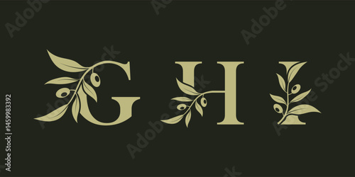 Set of vector logo designs for G H and I with olive leaves