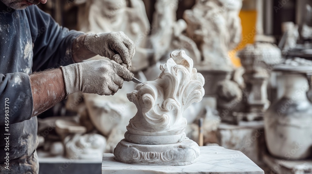 Obraz premium Detailed close-up view of stone carver at work.