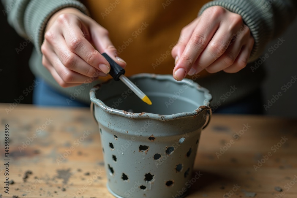 Adding drops to pot. Close-up of hands using a dropper to add liquid fertilizer or supplement to a small grey pot, preparing for planting. Gardening concept.