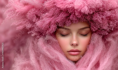 Serene face, eyes closed, enveloped by soft, pink, fluffy material resembling a halo or cloud