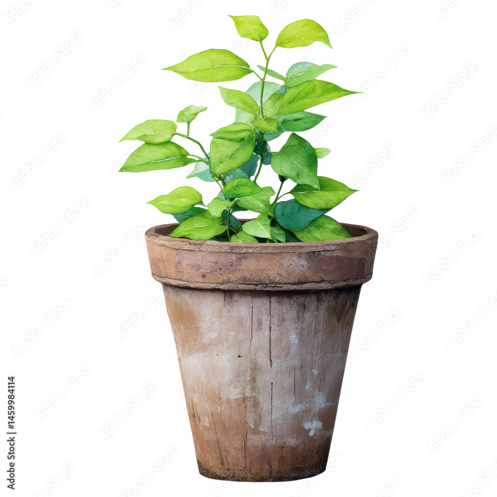 Fototapeta premium Lush Green Plant in Rustic Clay Pot for Home Decor and Natural Interior Design Inspiration, isolated on transparent background.