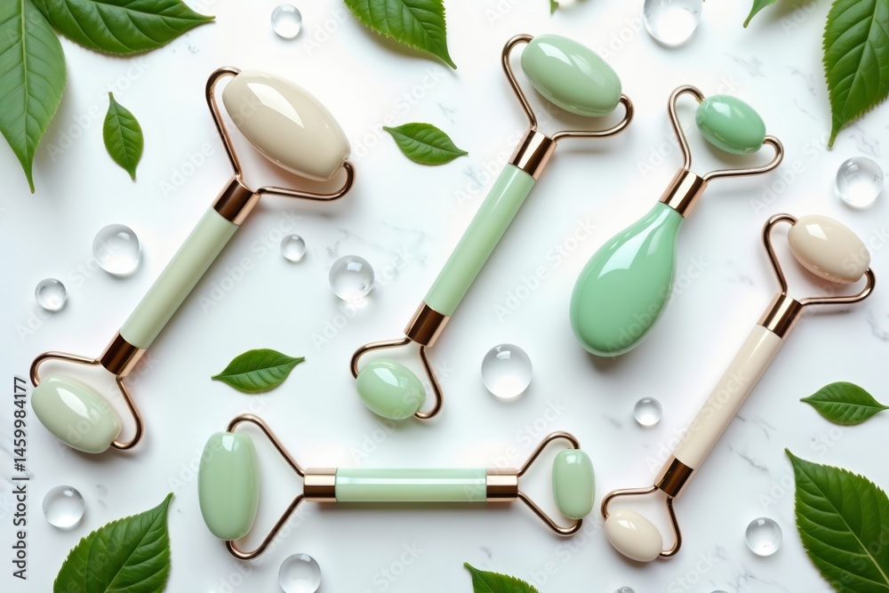 Jade facial rollers. Assortment of jade facial rollers with green leaves and water drops on a white marble background. Skincare and beauty concept.