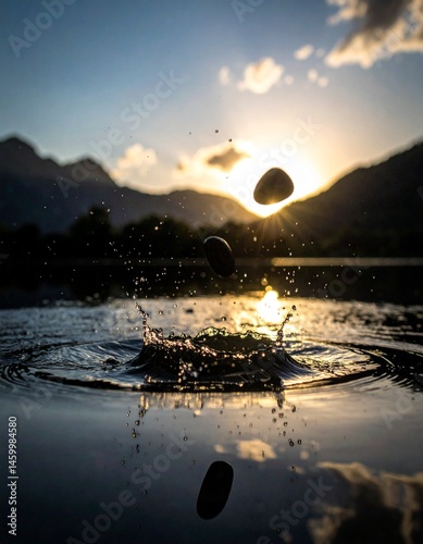 Close-up of small skipping stone caught mid-air above still water surface, motion blur and shallow depth of field, golden hour light, no people