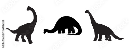 Set of dinosaur silhouettes, brontosaurus in different poses. Black outline vector illustrations idolated on transparent background
