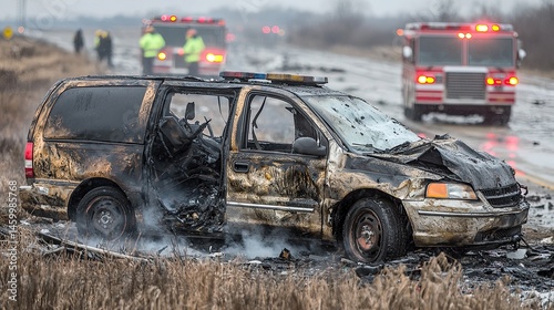 Roadside vehicle fire, severe accident damage
