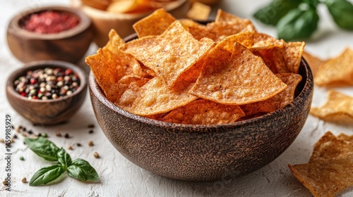 Crispy tortilla chips in a bowl, alongside various spices and fresh basil.  A delicious snack
