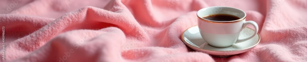 A small ceramic coffee cup rests on a soft pink floral throw , cup, pastel A small ceramic coffee cup rests on a soft pink floral throw , cup, pastel