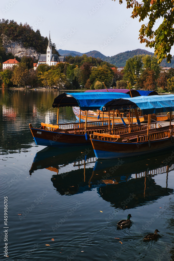 Fototapeta premium Lake Bled, Slovenia - October 18, 2021: A long distance view of Bled Island in Autumn, amid a green and blue natural landscape