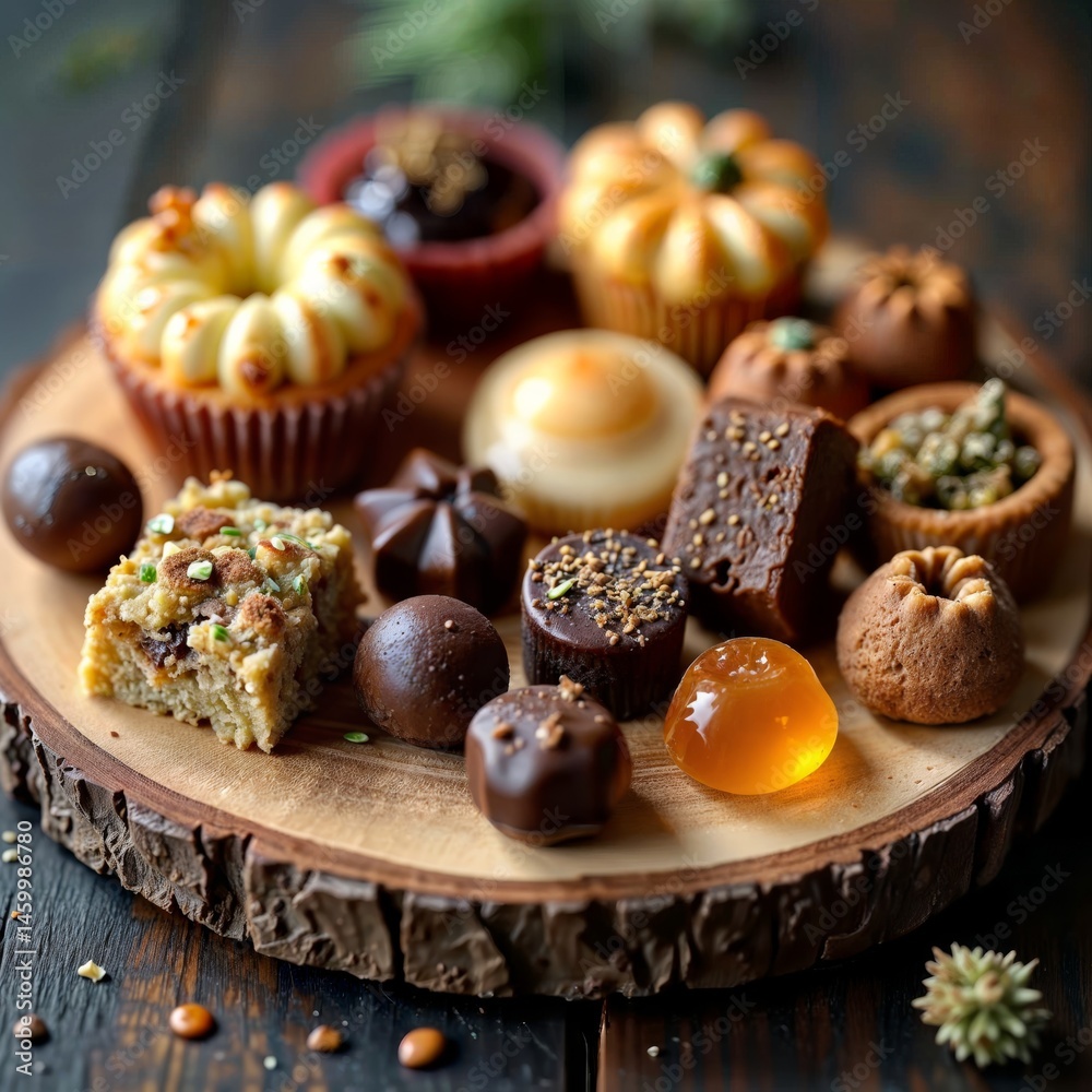 Cannabis edibles assortment. Gourmet marijuana infused desserts and chocolates displayed on wooden serving board including brownies and gummies.