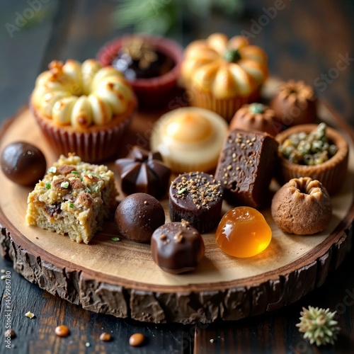 Cannabis edibles assortment. Gourmet marijuana infused desserts and chocolates displayed on wooden serving board including brownies and gummies.