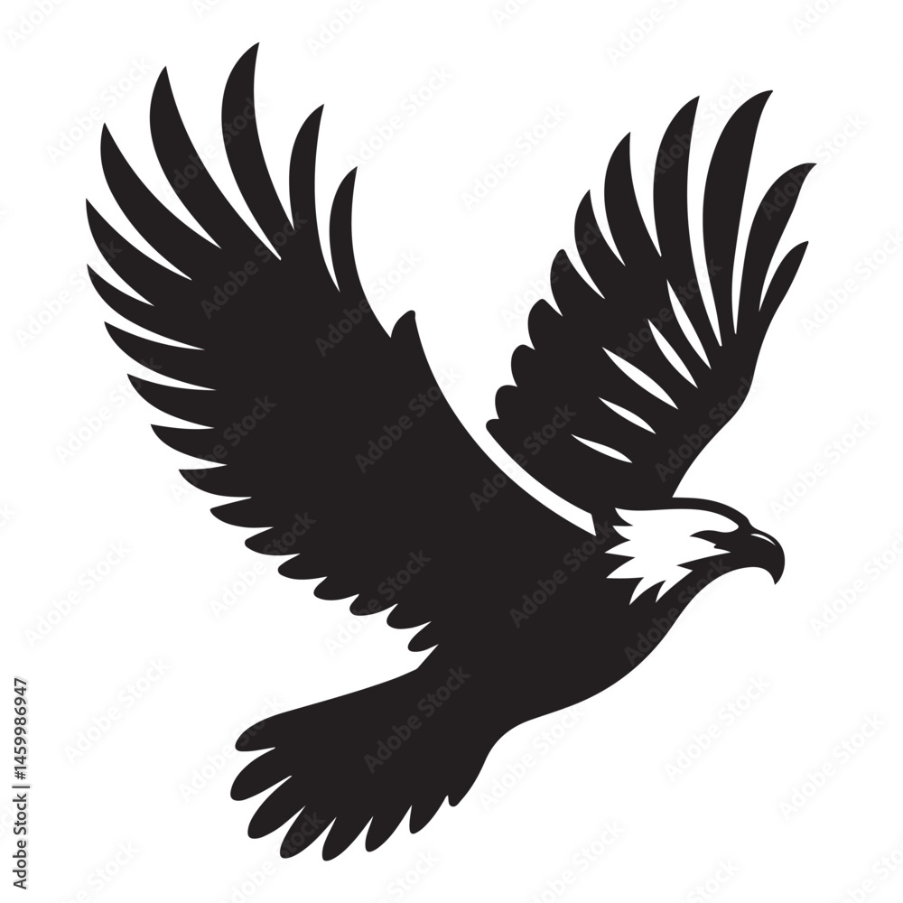 Obraz premium Black silhouette vector illustration of a flying eagle, a majestic bird with powerful wings, a symbol of wildlife and nature art