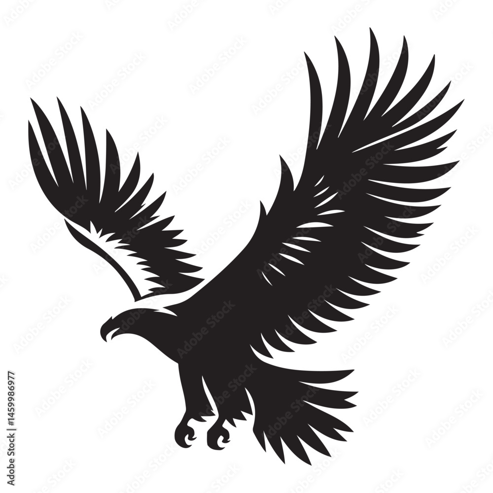 Obraz premium Black silhouette vector illustration of a flying eagle, a majestic bird with powerful wings in flight, a symbol of nature and wildlife, possibly a tattoo design