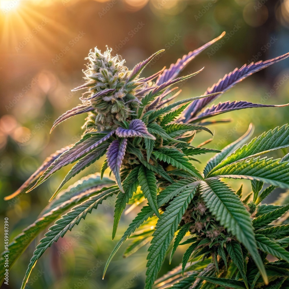 Marijuana Plant in Sunlight. Close-up of a vibrant cannabis plant bud with sun shining through, showcasing its leaves and flower.