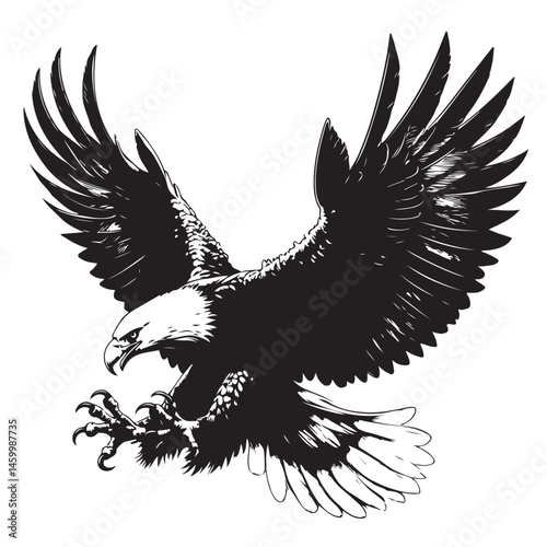 Eagle silhouette vector illustration of a wild bird, a hawk or falcon, with powerful wings in flight against the sky, a symbol of nature and tribal art
