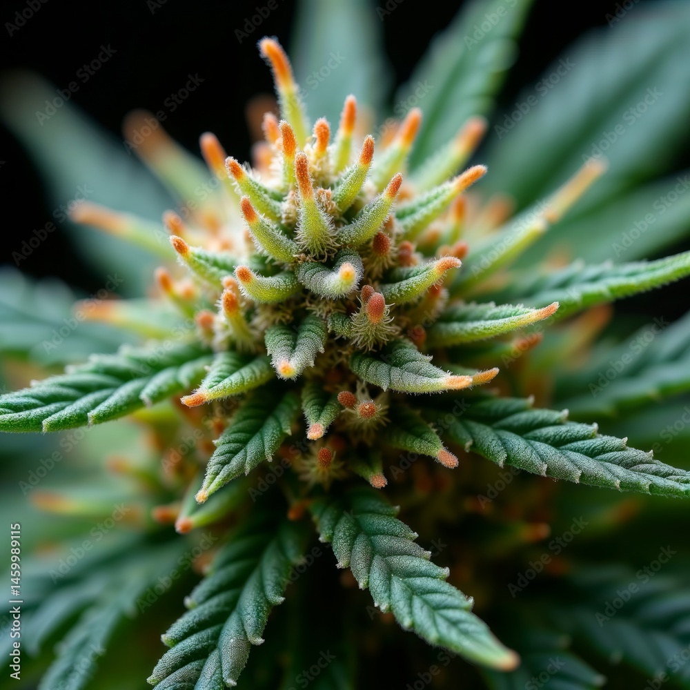 Cannabis Flower Bud. Detailed close-up of a flowering cannabis bud, showcasing the vibrant colors and textures of the plant's reproductive structures.