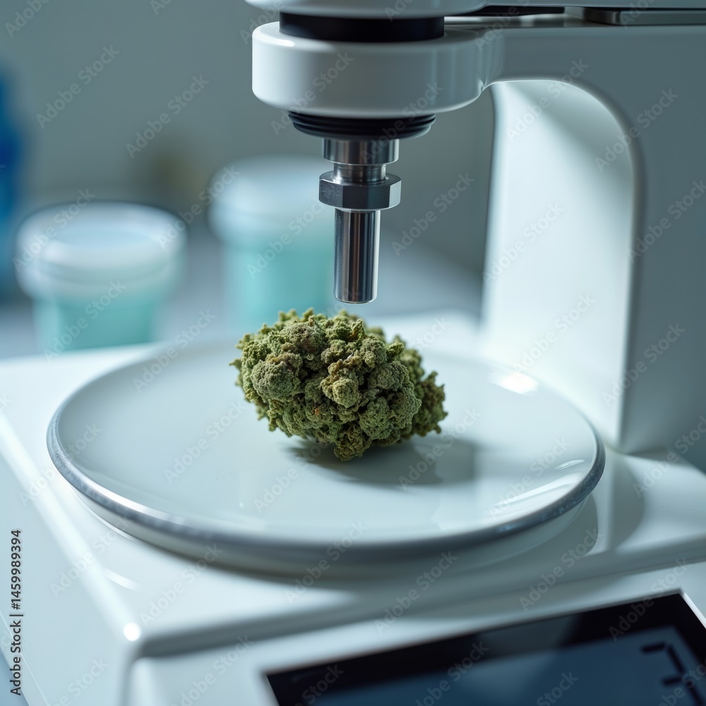 Weighing Medical Marijuana. Close-up of a medical marijuana bud being weighed on a lab scale for quality control and dosage purposes.