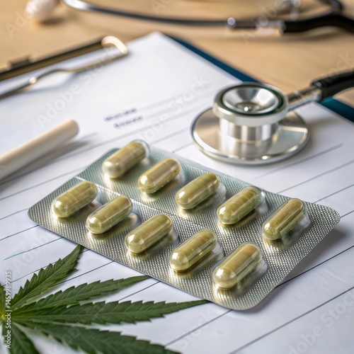 Obraz na płótnie Marijuana Capsules. Capsules with marijuana on a doctor's desk with stethoscope and clipboard, showing alternative medicine. Nobody. w salonie