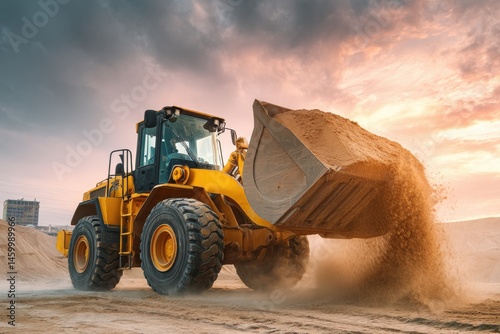 Yellow wheel loader moving sand at sunset.