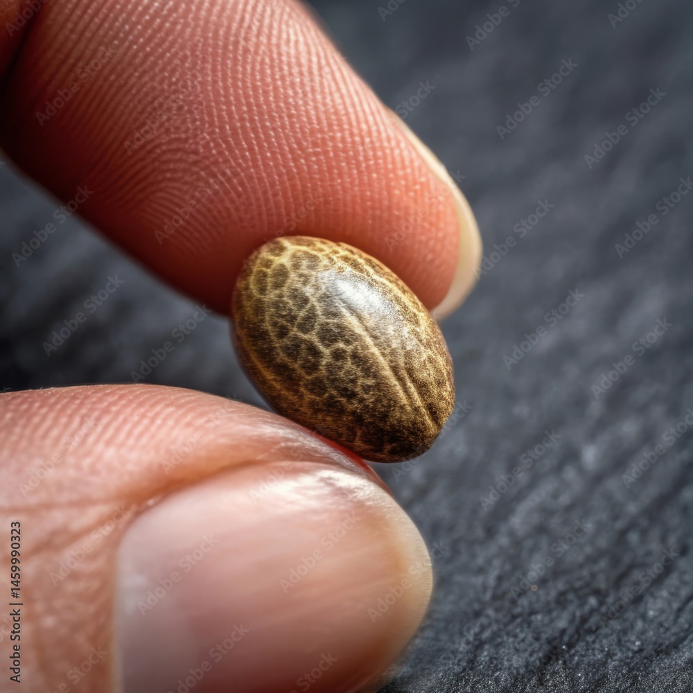 Cannabis seed closeup. Macro view of a single marijuana seed with distinctive mottled pattern held between fingers against dark textured background.