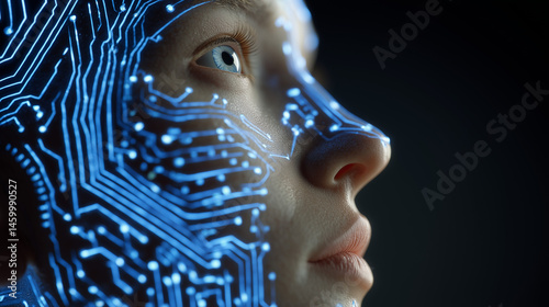 Close-up of a human face with glowing blue circuit patterns, blending artificial intelligence, neural networks, and futuristic cybernetic technology for innovation, robotics, and tech-related concepts
