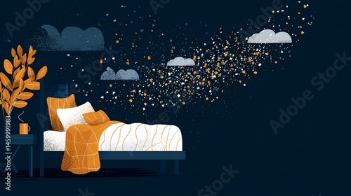 Serene bedroom with plant under starry sky