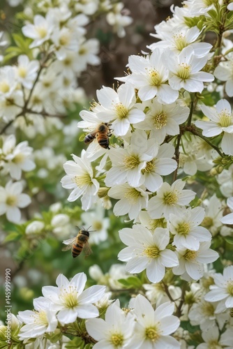 Busy bees gather nectar from pristine white blossoms in a vibrant spring garden , insects, white