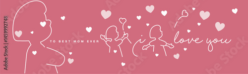 To the best mom ever, I love you, white handwritten calligraphy lettering. Line drawing of a child giving love to mom in his mind on a pink background.