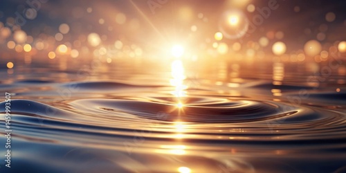 Golden ripples on a still water surface at sunset, shimmering with warm light and reflecting the glow of distant lights