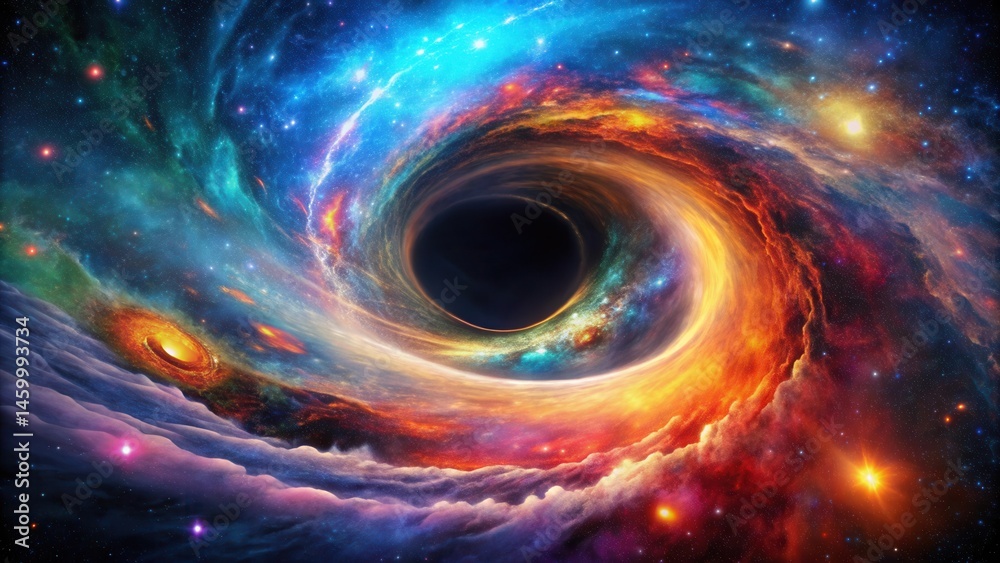 Obraz premium A Cosmic Vortex Swirls Through a Starry Galaxy, Embracing a Black Hole in its Center