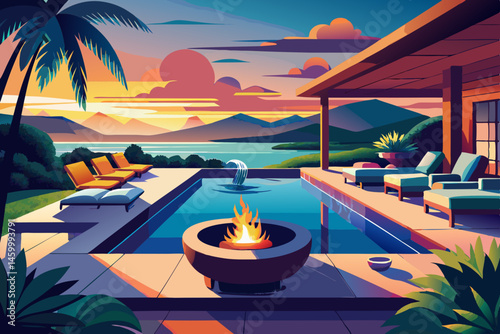 vector of A luxurious pool area with a fire pit, hot tub, and an area overlooking a calm lake at sunset creates a relaxing and inviting atmosphere...