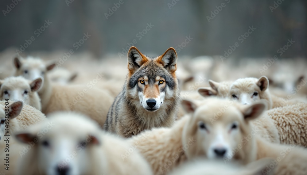 Naklejka premium Lone wolf with piercing yellow eyes stands out against crowd of white sheep. Powerful visual metaphor represents individuality and being different from norm. Image creates contrast, strong symbolism.