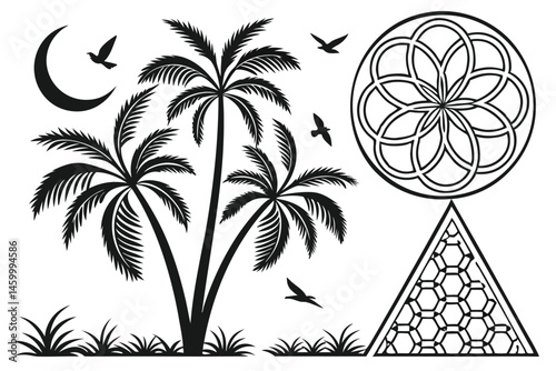 48 Black and white illustration, silhouette trees, stylized palm trees, geometric foliage, symmetrical design, minimalist art, graphic vector style, tree of life motif, abstract nature symbols, iconic